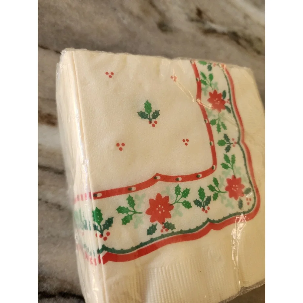 Vintage 90s Hallmark Beverage Napkins Christmas Poinsettia Holly Festive Holiday